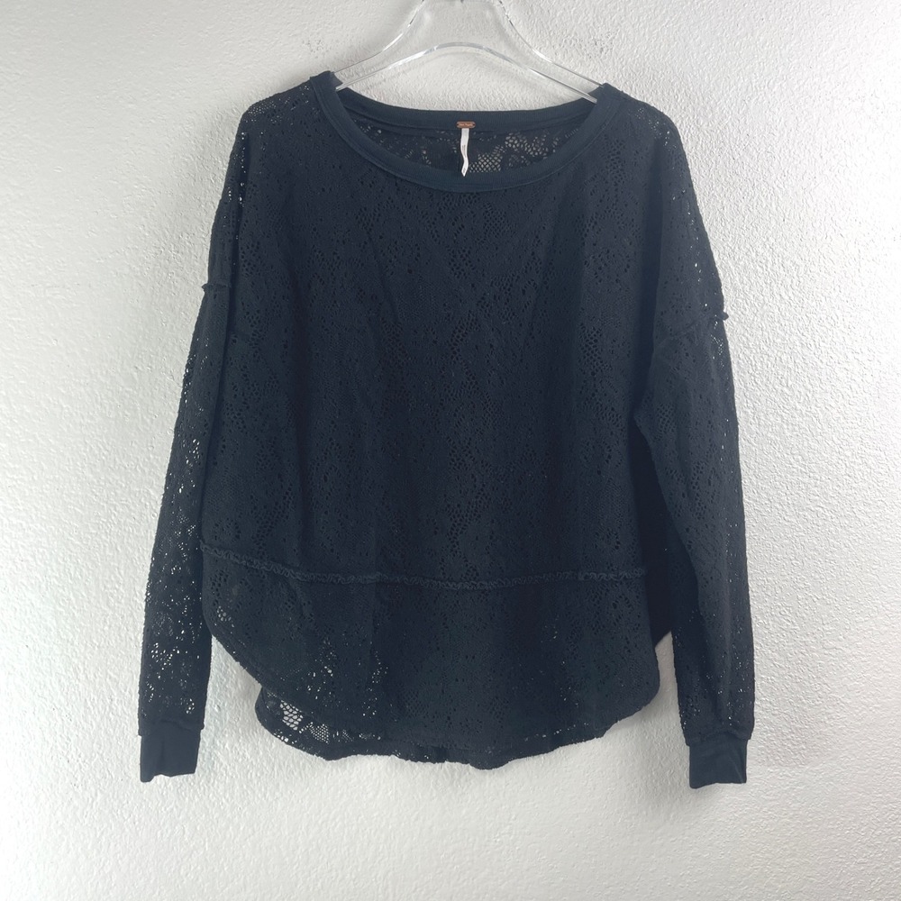 Free People Lace Top Women‎ XS Black Sheer Oversized Long Sleeve Boho Relaxed